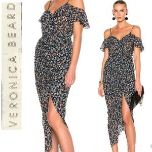 🖤Veronica Beard Marilyn Silk Midi Dress Romantic Chic Cold-Shoulder Ruffle Sz 10